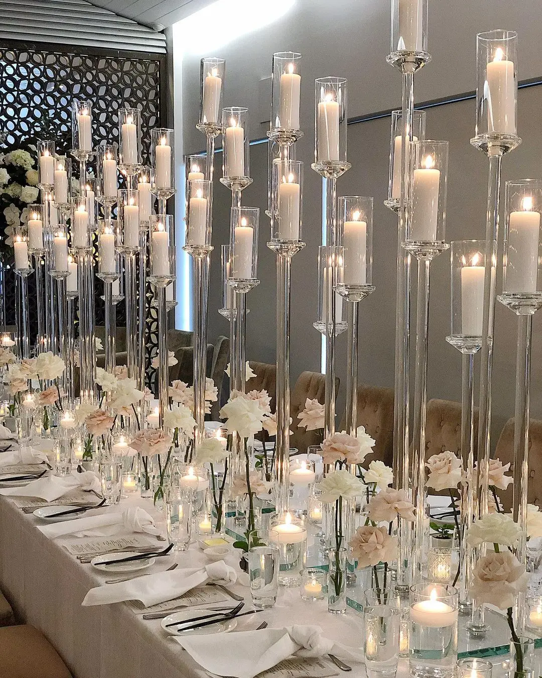 MH-TZ0572 Wholesale 8  arms long stemmed modern glass tube vase crystal candle holders wedding table centerpieces candelabra