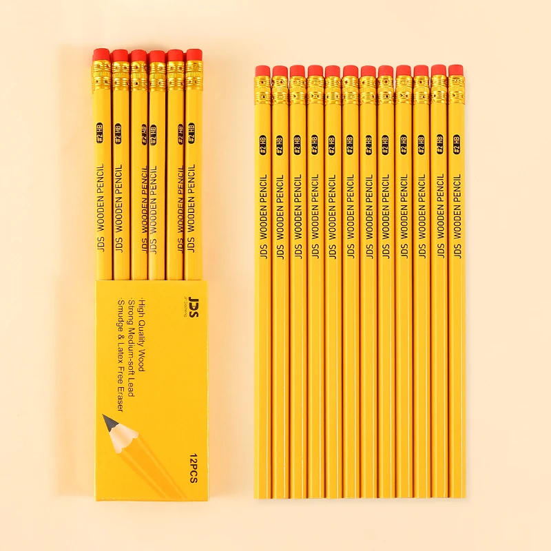 DASHENG 12pcs Yellow HB Pencil with Topper Eraser Hexagonal Standard Wooden Promotional Pencil for School Office and Children
