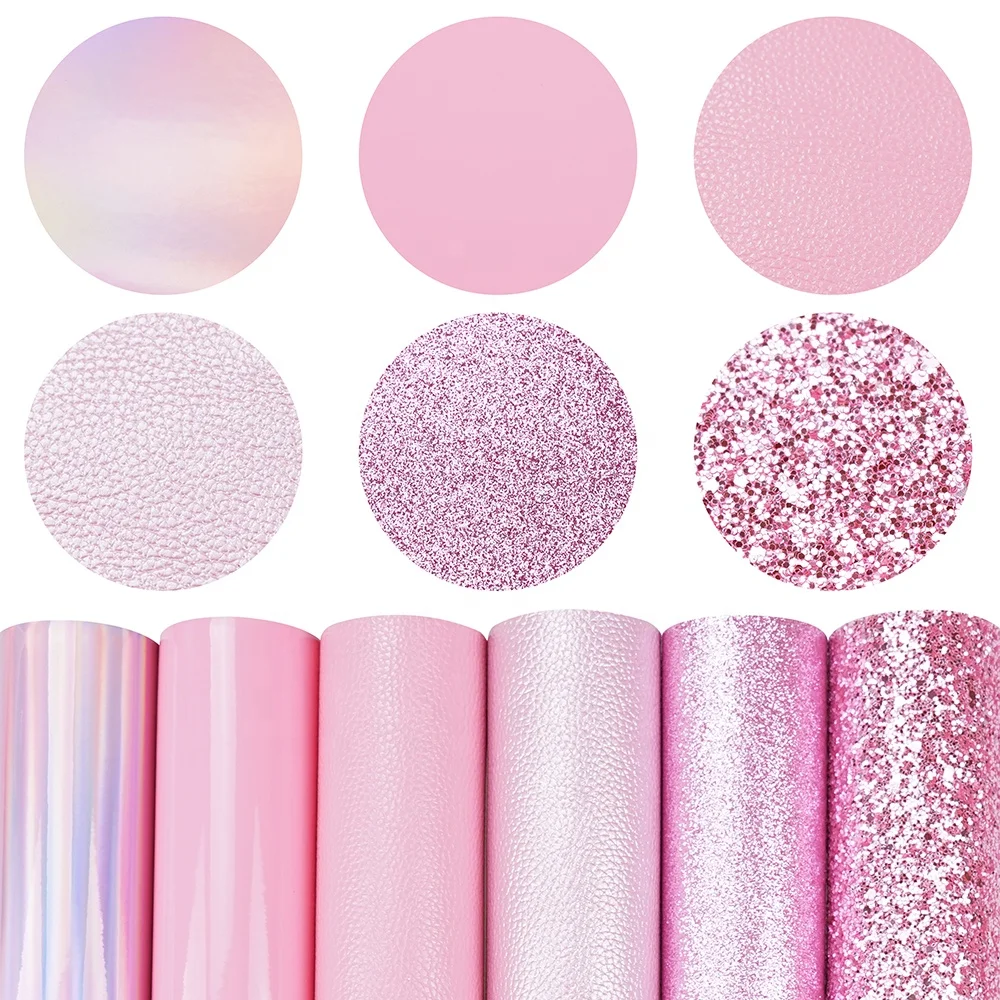6pcs/set pink holographic chunky fine glitter vegan Faux Leather set A4 Sheets For DIY Bows Girl
