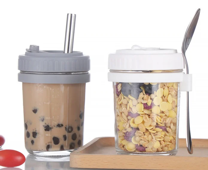 Stocked Food Storage Yogurt Container With Lid And Spoon Glass Overnight Oats Container Mason Jars With Lids And Straws