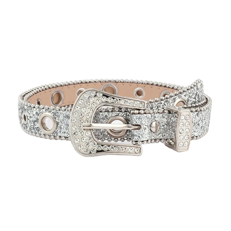 Ladies Bling Bling PU Belt Rhinestone Decorated Fashion Personality Sequins Full Drill Air Corns Hollow Out Belt