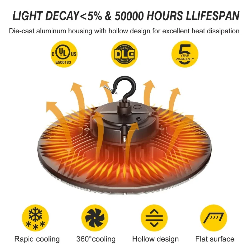 150W UFO LED High Bay Light 0-10V Dimmable 21000 Lumens 5000K IP65 Waterproof Shop Warehouse Lighting Fixture