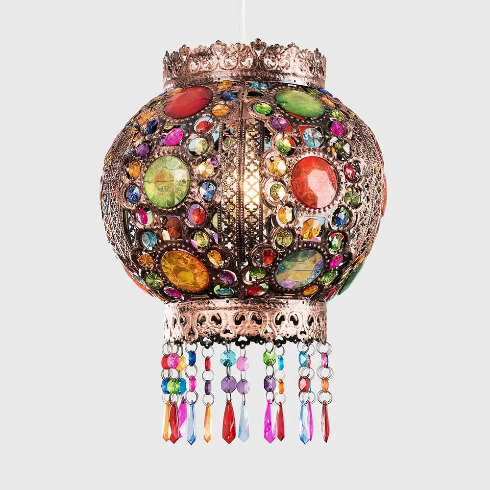 Moroccan Bazaar Style Bronze Chandelier Ceiling Light Pendant Shade with Beautiful Multi-Coloured Acrylic Jewel Droplets
