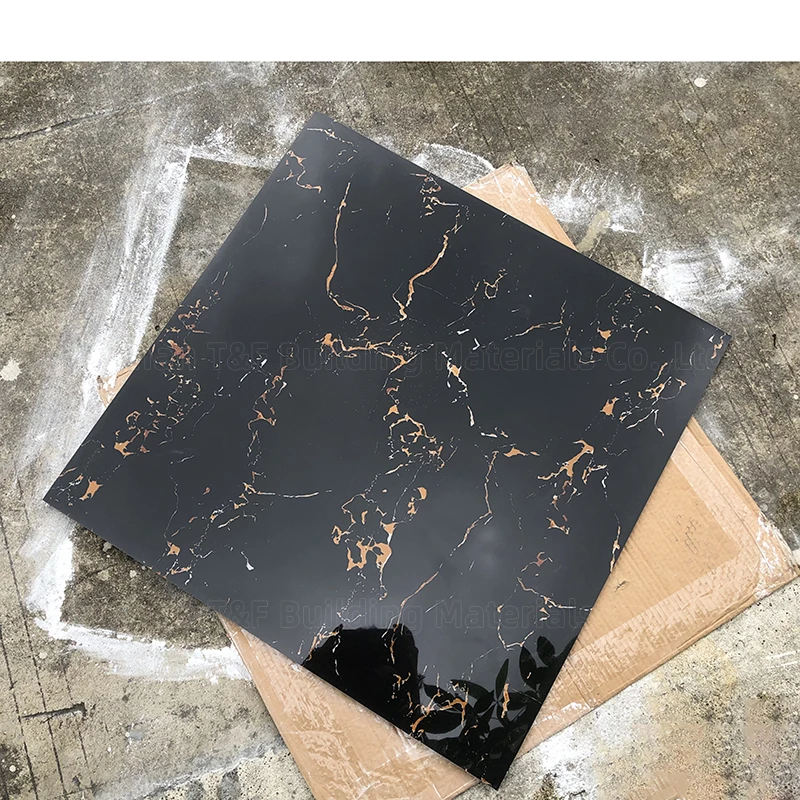 600x600 Glossy Black Gold Marble Tiles Carreaux Sol 60x60 Porcelain Polished Glazed Carrelage Black Floor Tile