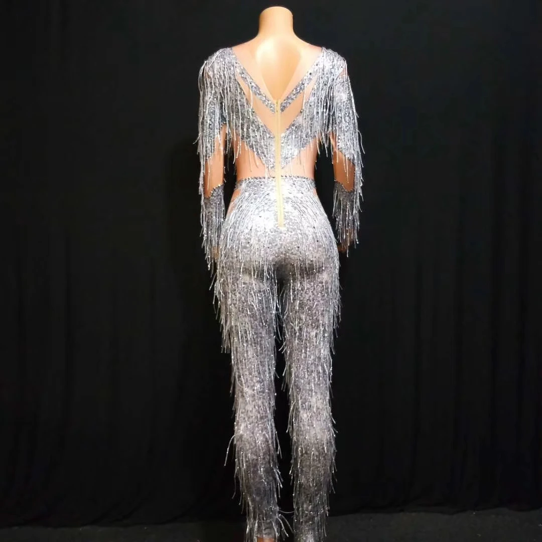 Mono Mujer Fashion Fringes Pole Dance Leotard Showgirl Stage Performance Outfits Sexy Women Bodysuits Club Rhinestone Jumpsuits