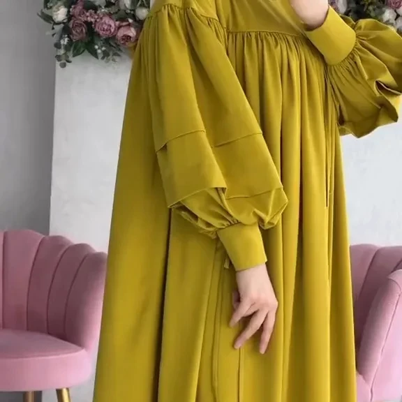 2024 Islamic Clothing Abaya Dubai Women Muslim Dress Puff Sleeve Satin Plain Abaya Traditional Muslim Clothing