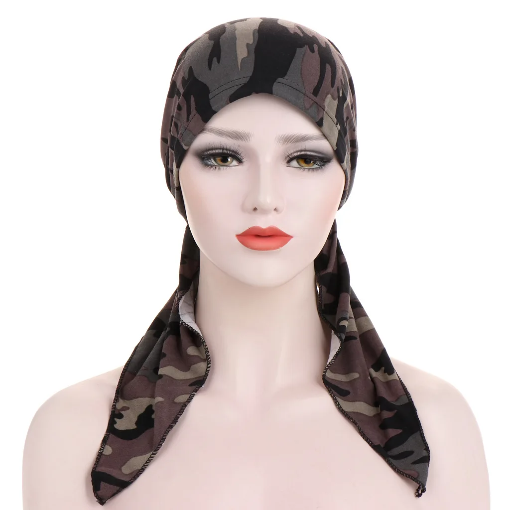 2021 new spring and autumn style curved two-tail scarf hat Muslim Baotou hat Floral cloth pullover scarf