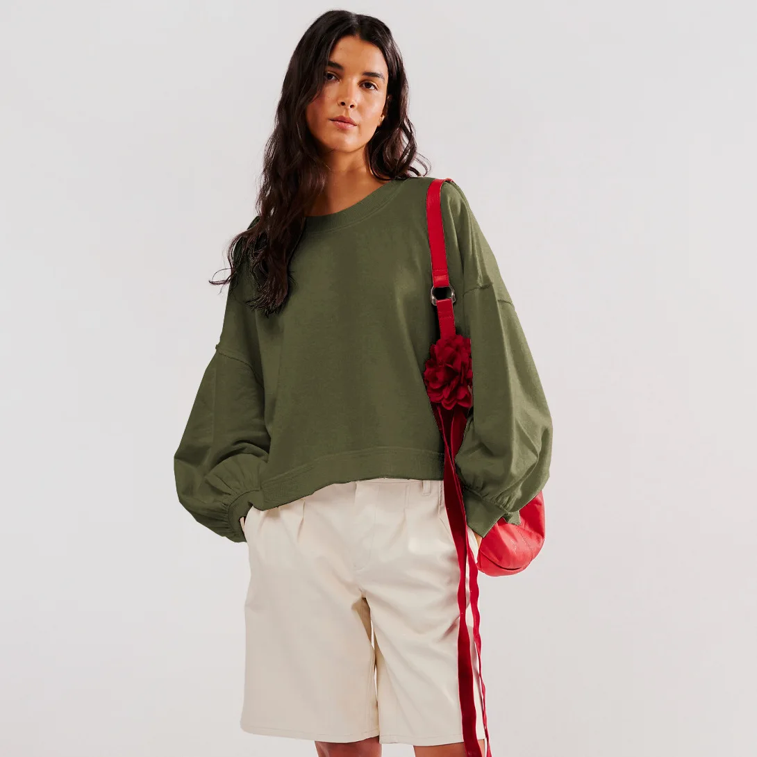 2024 European and American High-End Long Sleeve Top Cross-Border Decorative Line Pullover round Neck Lantern Sweater Coat