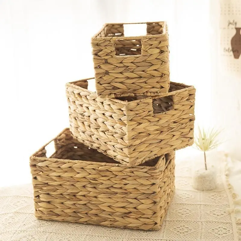 Rectangular with Wooden Handles for Shelves, Water Hyacinth Basket Storage, Natural Wicker Baskets for  Storage
