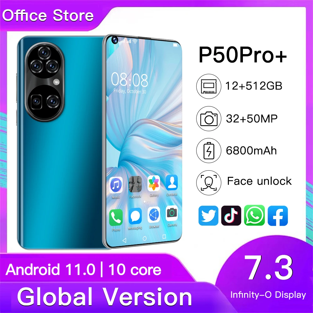  2021New Горячий Модный чехол для телефона с изображением P50 Pro + 12 Гб 512 ГБ Android сотовый телефон Dual SIM мобильный смарт-телефонов 7 3 дюймов