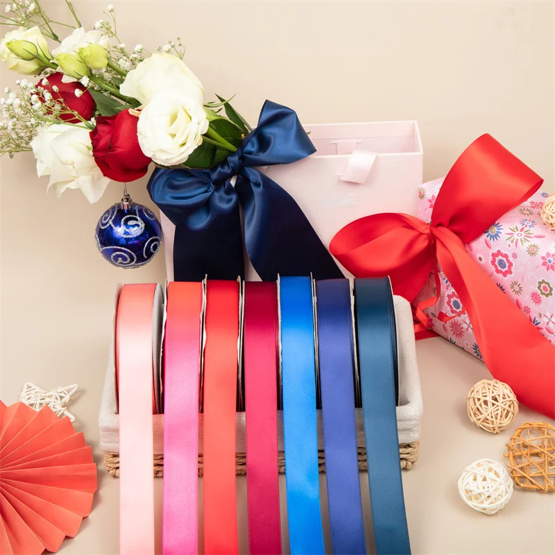 Custom woven edge double sided 196 color 25mm satin ribbon Wholesale Elastic/adjustable Custom Pre Made Gift Satin Ribbon Bows