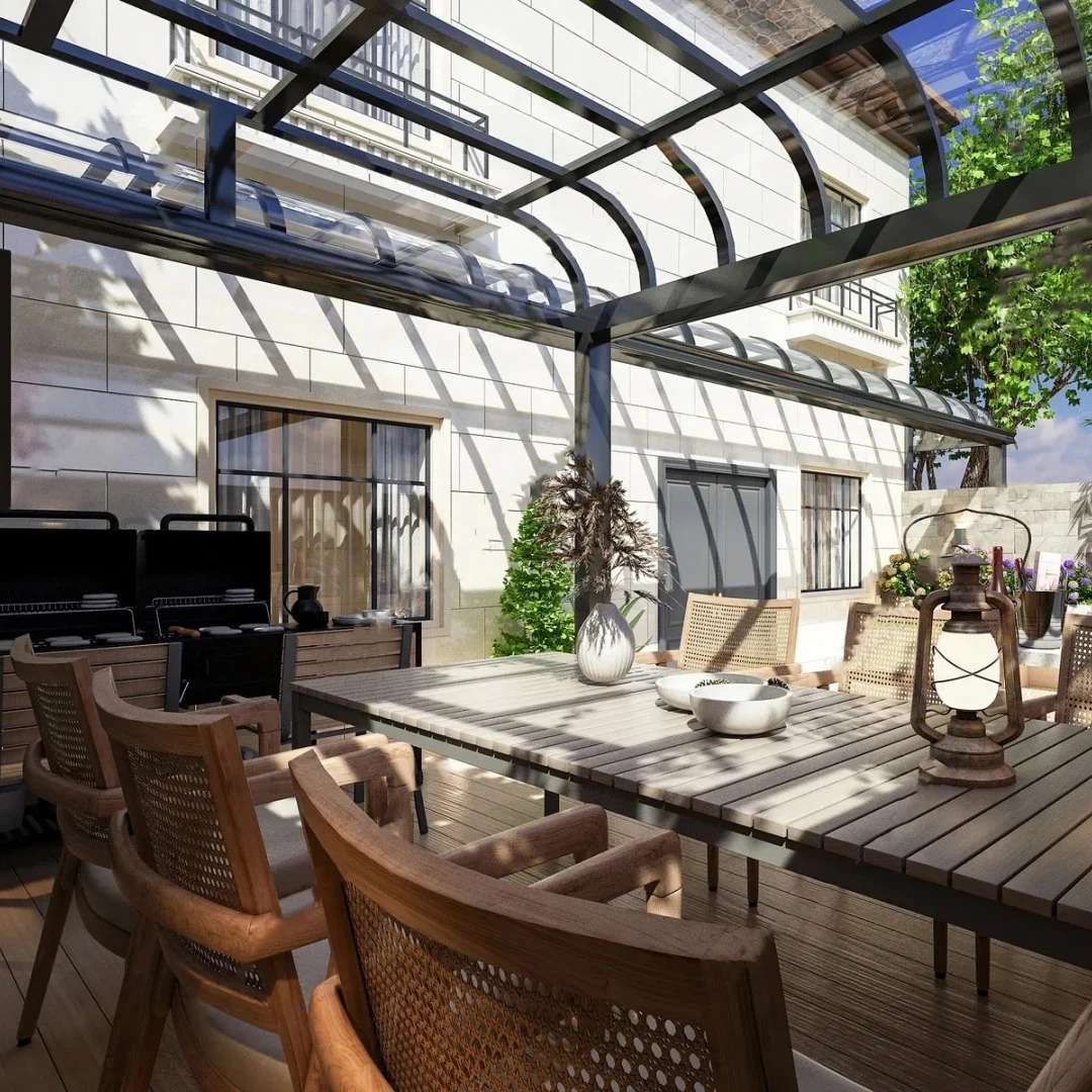 Customized Modern Outdoor Aluminium Sliding Glass Pool Enclosure Sunroom Flat Roof with Triangle Molding Tempered Glass