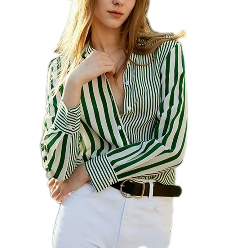 New Fashion Spring OEM Wholesale Women Loose Chic Elegant Striped Shirt Long Sleeves Lapel Hit Color Causal Blouse