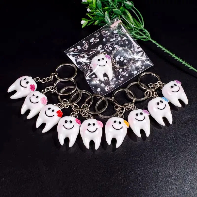 Cartoon design ceramic tooth shape pendant keychain dental clinics promotion gifts