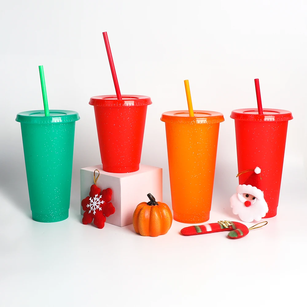  Горячая Распродажа упаковка 5 24 унций 710 мл пластиковые чашки для сока Sippy многоразовые мерцающие холодные с крышками и