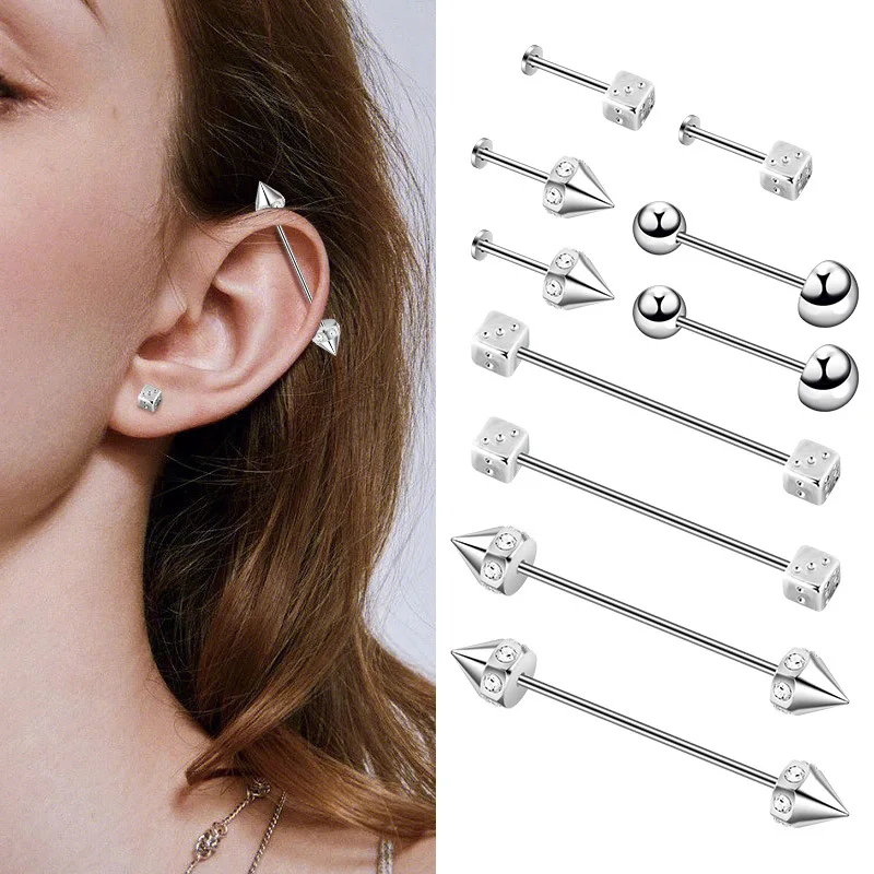 YICAI Fashion 316L Surgical Steel Straight Zircon Spike industrial barbell Piercing for Women Dice Tongue Piercing