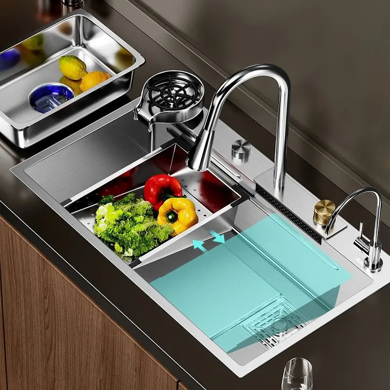 Discount Luxury Anti Scratch LED Digital Display Waterfall Kitchen Sink Silver Carton Box Stainless Steel Muller Modern Brushed