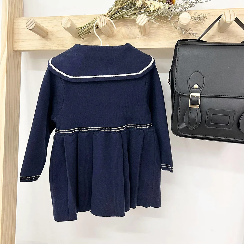 Autumn baby girl children knitted dress navy collar girl's academy style pleated dress