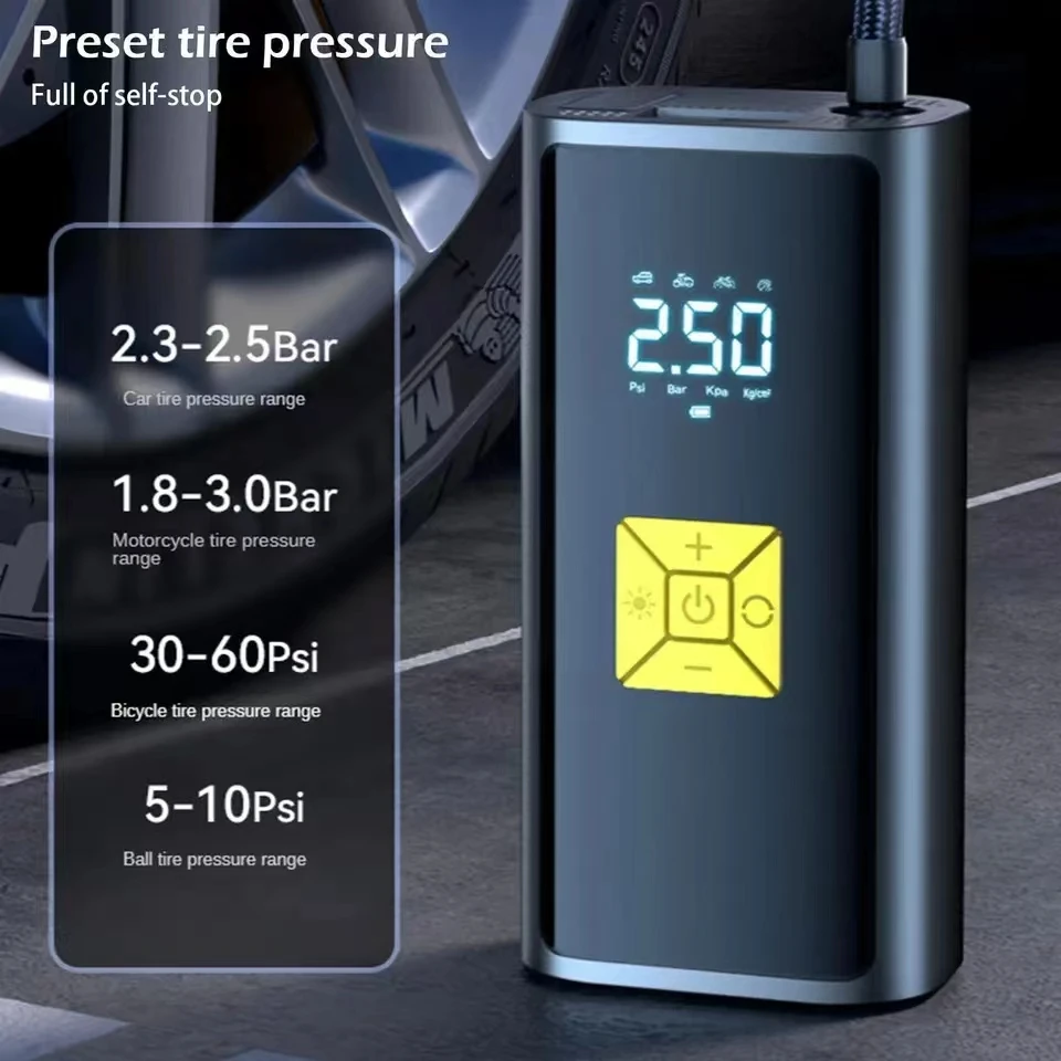 Fast Inflating Portable Air Compressor Four Pressure Unit LED Light Auto Stop Wireless Tire Inflator Pump