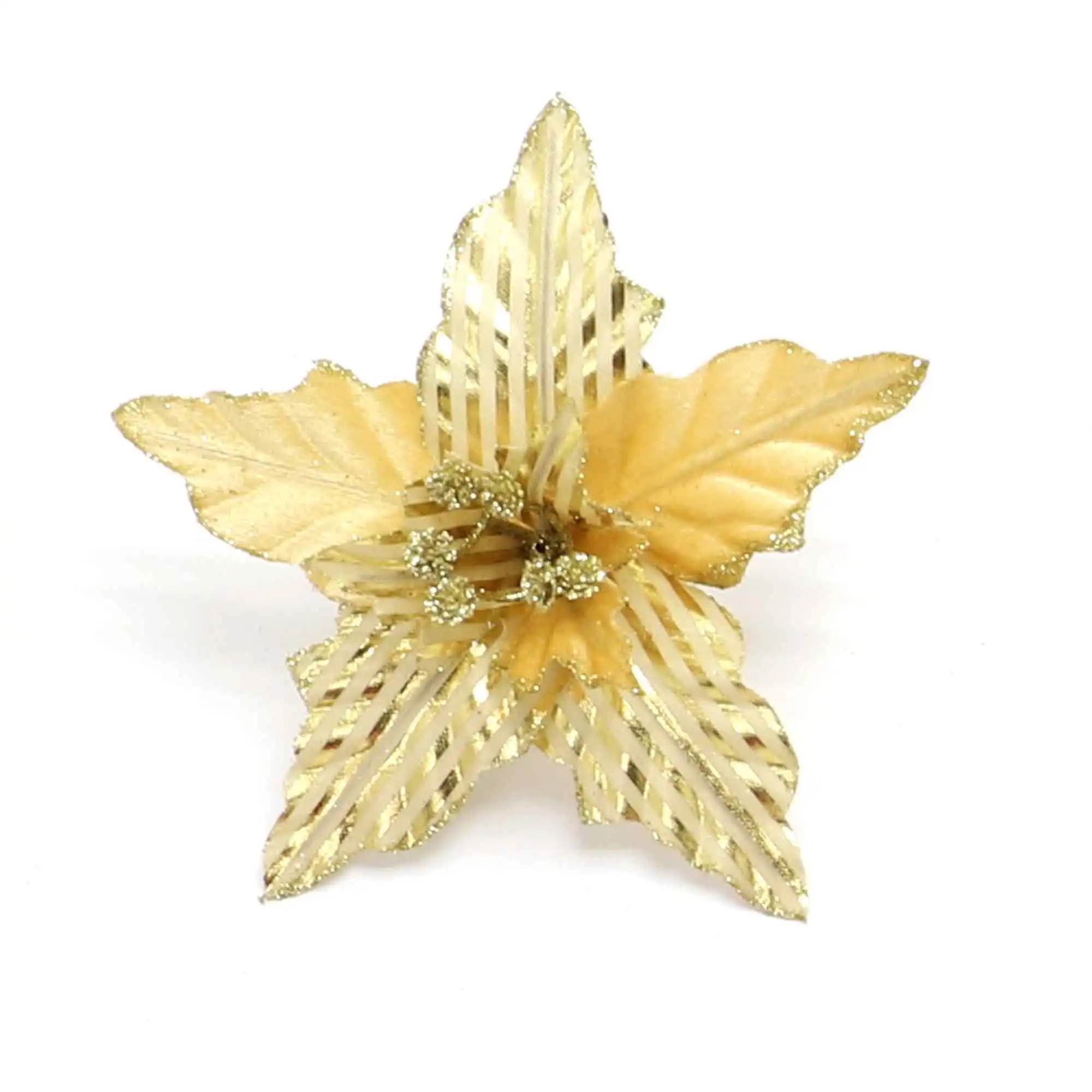 Christmas Tree Ornament Artificial Flower Xmas Yellow Velvet Poinsettia with Glitter berries For Home Decoration