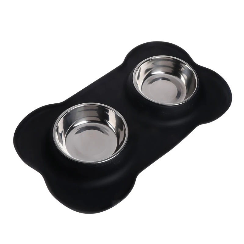 LIHONG wholesale Pet Dog Bowls 2 Stainless Steel Bowl with No Spill Non-Skid Silicone Mat + Food