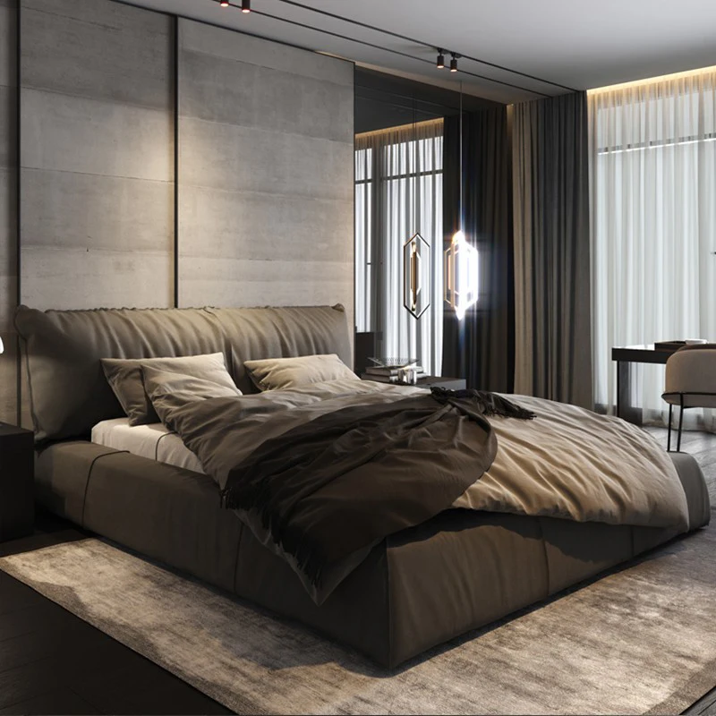 Italian light luxury multifunctional double bed nubuck leather master bedroom king bed villa luxury furniture bedroom