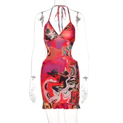 Summer New Print Party Sexy Backless Lace-Up Side Cutout Bodycon Mini Dress Women Y2K