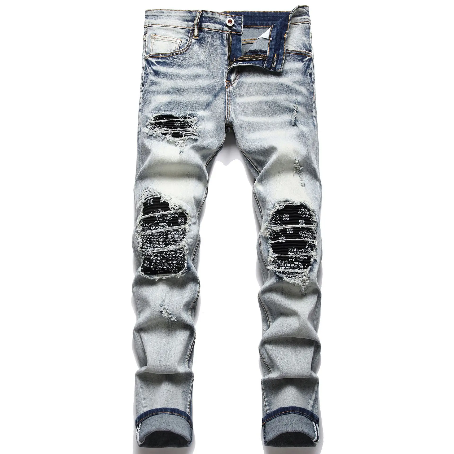 2022 new trend washing and grinding white ripped trousers patch mid-waist straight jeans for man