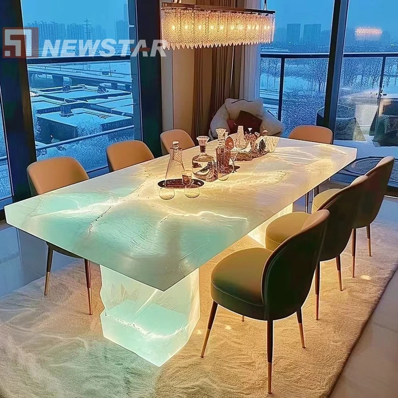 Modern Designer Dining Table Set in Pink Onyx Top Natural Marble for Home Furniture Villa Hotel Apartment