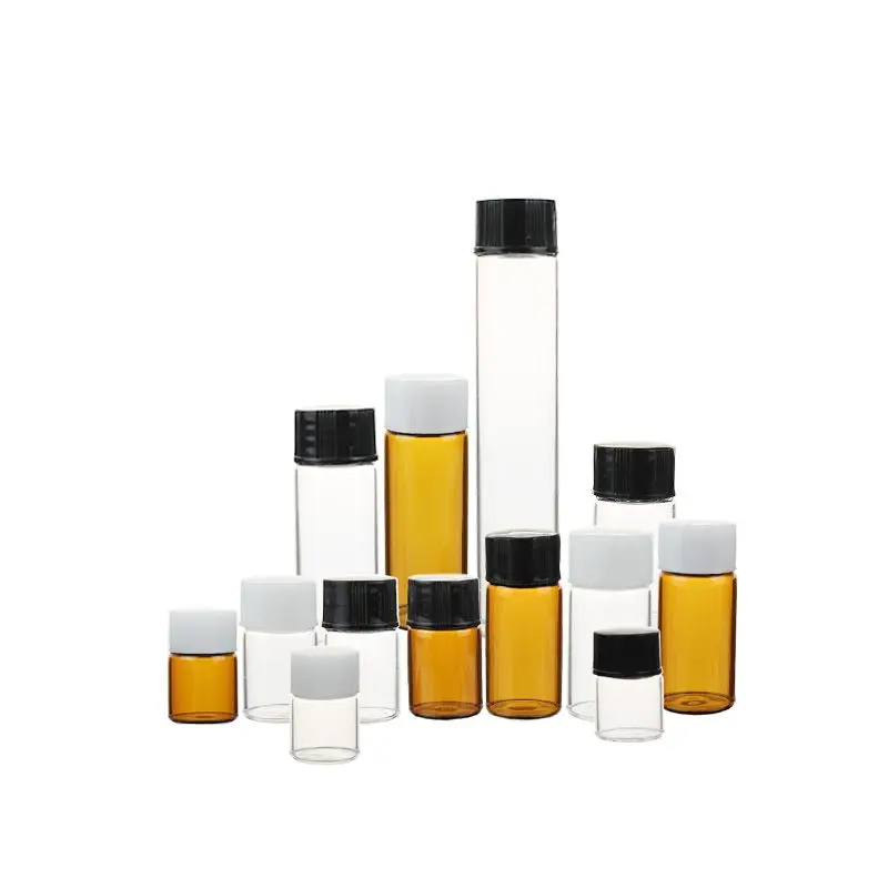 1ml 2ml 3ml 5ml 10ml Amber Clear Sample Test Glass Cosmetic Vials with Black Lids for Essential Oil