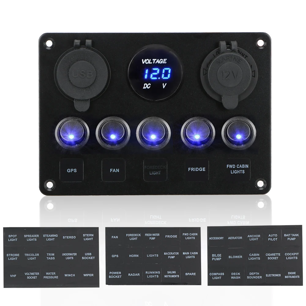 Blue Car Marine Boat Rocker Switch Panel Digital Voltmeter Dual USB Port 12V Outlet for BMW E46 for Audi A4Interior Parts