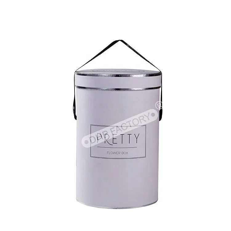 Customized luxury lovely printed cylinder preserved cardboard round tube flower bouquet packaging gift box with ribbon handle