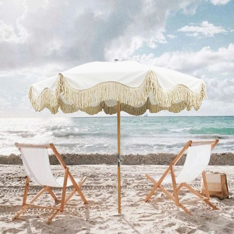 Customized supplier cheap foldable wooden beach umbrella with tassels