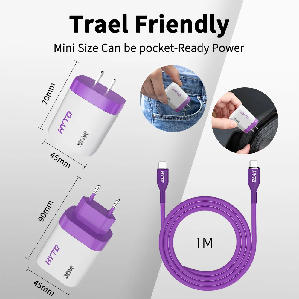 HYTO Y50 30W PD QC3.0 USB Travel Charger QUICK CHARGER PPS Smart Phone EU Plug Type C Wall charger Adapter With 1m Cable