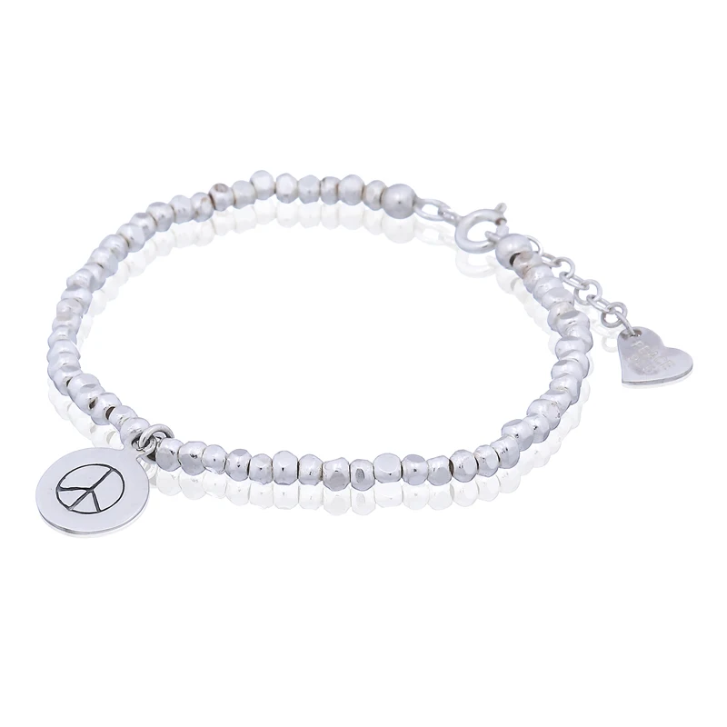 Solid 925 Sterling Silver Cuboid Beads Bracelet With Peace Disc