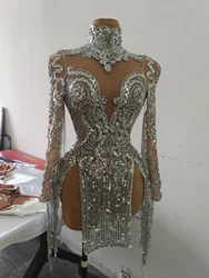Shining Silver Sequins High Slit Fringes Dress Women Nightclub Deep V Perspective Tassel Party Dress Singer Dance Stage Costume