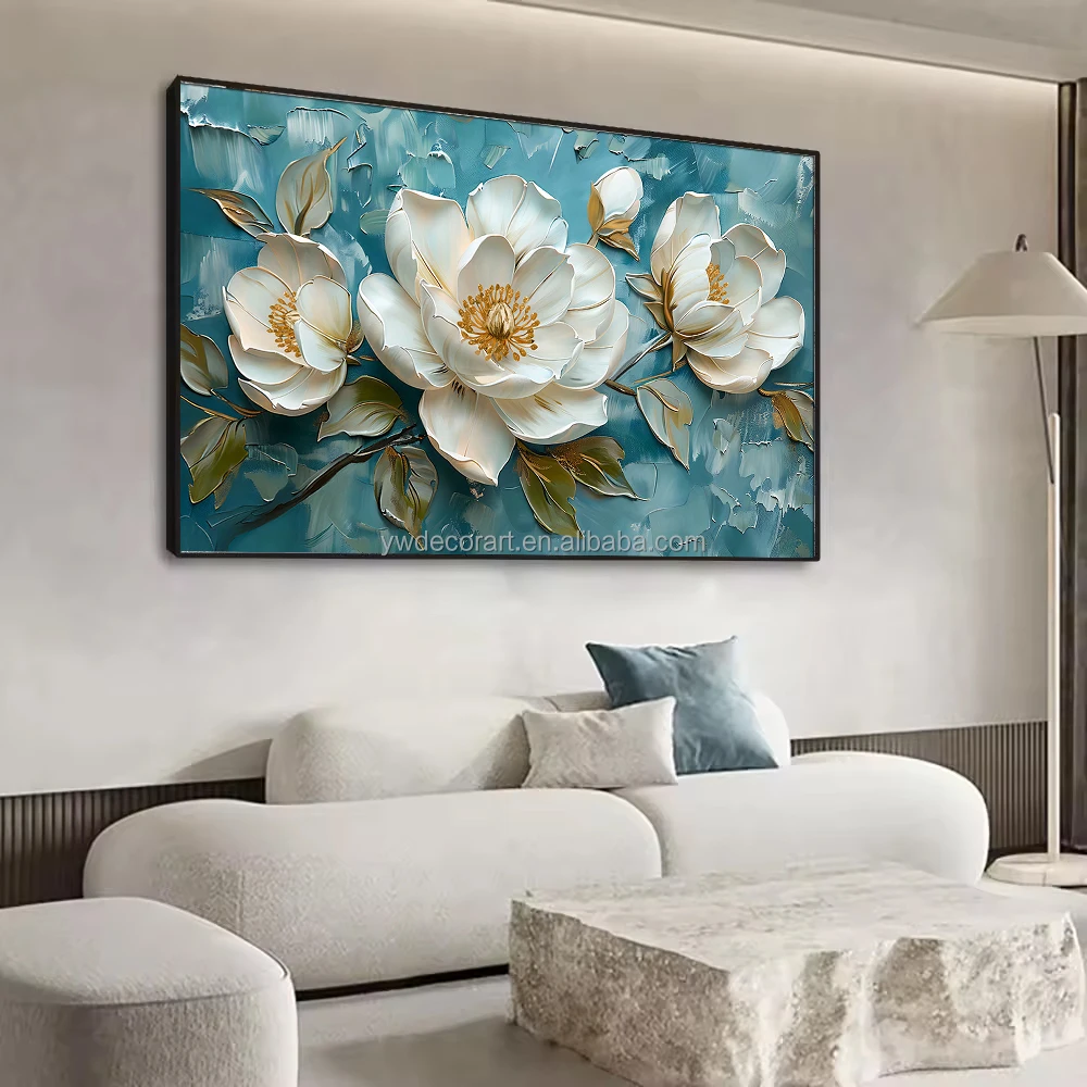 Custom Modern White Flower Canvas Painting Stereoscopic Style Framed Wall Art for Home Living Room Decor