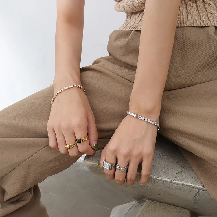 Wholesale Women Jewelry 18K Gold Plated Stainless Steel Rainbow Colorful Baguette Diamond Tennis Bracelet