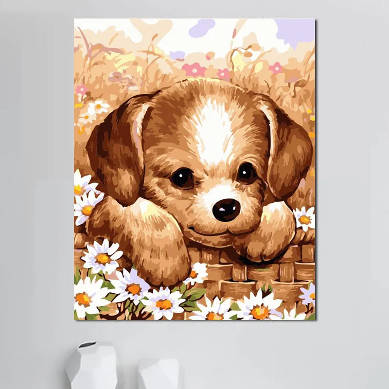 2021 г., Лидер продаж, милая собака, сидящая на заборе в цветочном поле, картина