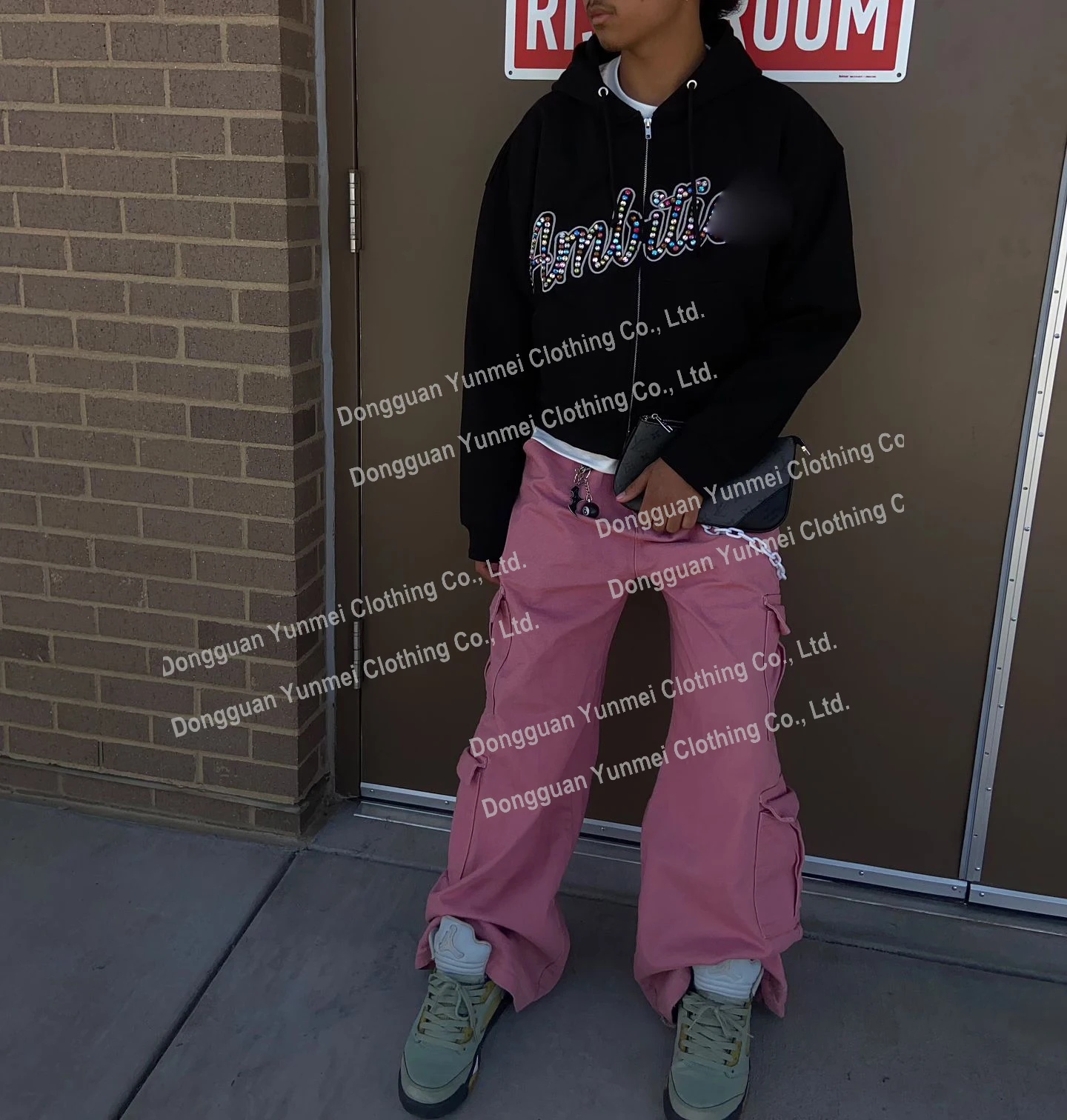 Streetwear Clothing Manufacturer Full Zip up heavyweight Hoodies Custom logo Diamond Zipper acid wash Rhinestone Hoodie For Men