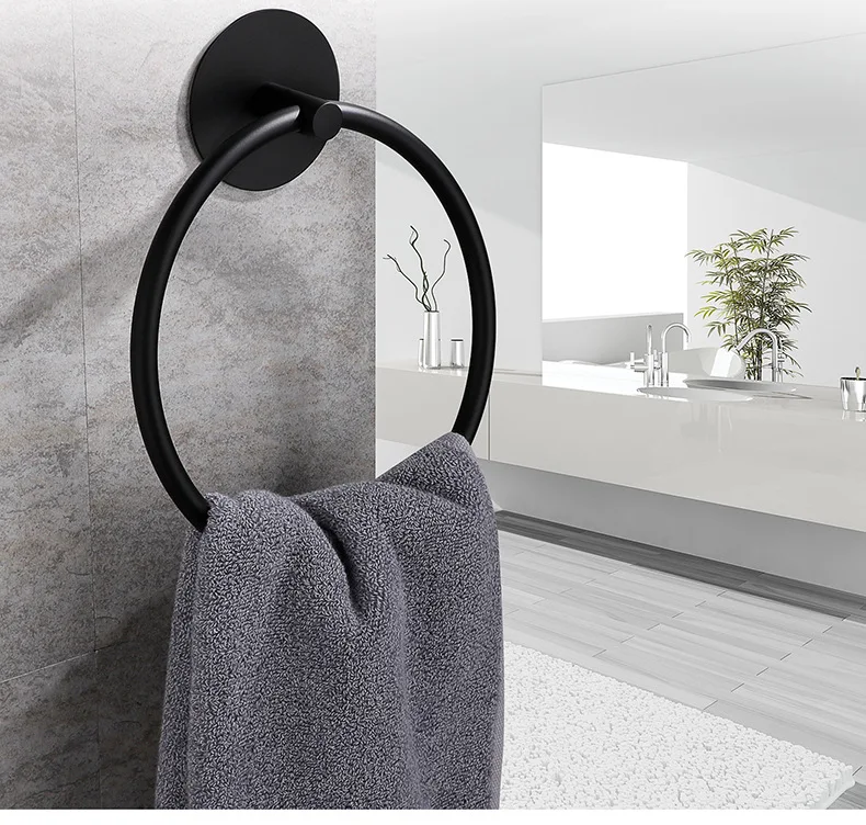 Hot sale convenient and useful stainless steel towel ring self adhesive wall mounted bathroom black towel rack