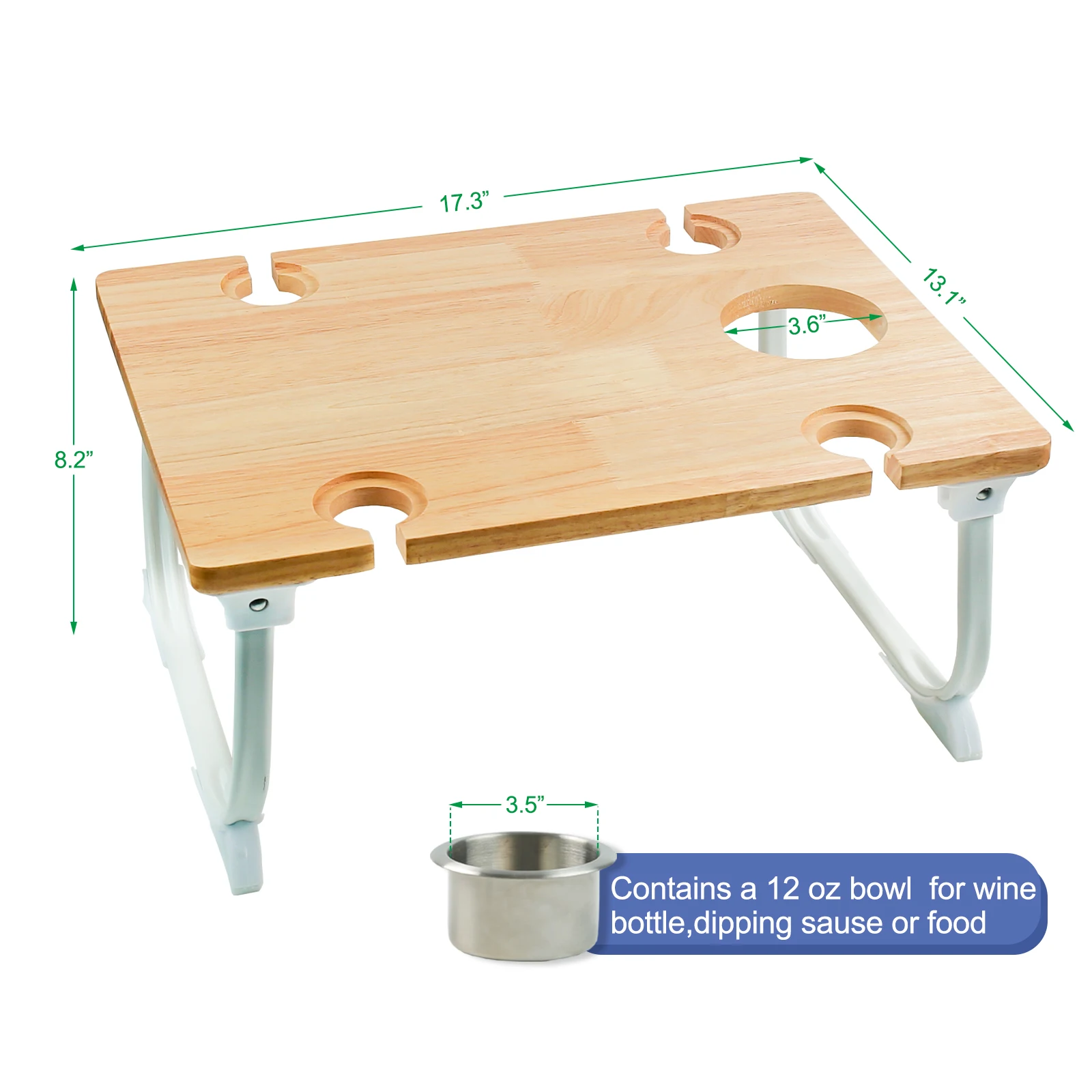 XH Foldable Picnic wine table with bottle holder, Portable beech table for outdoor camping, Wood bed tray with cup holder