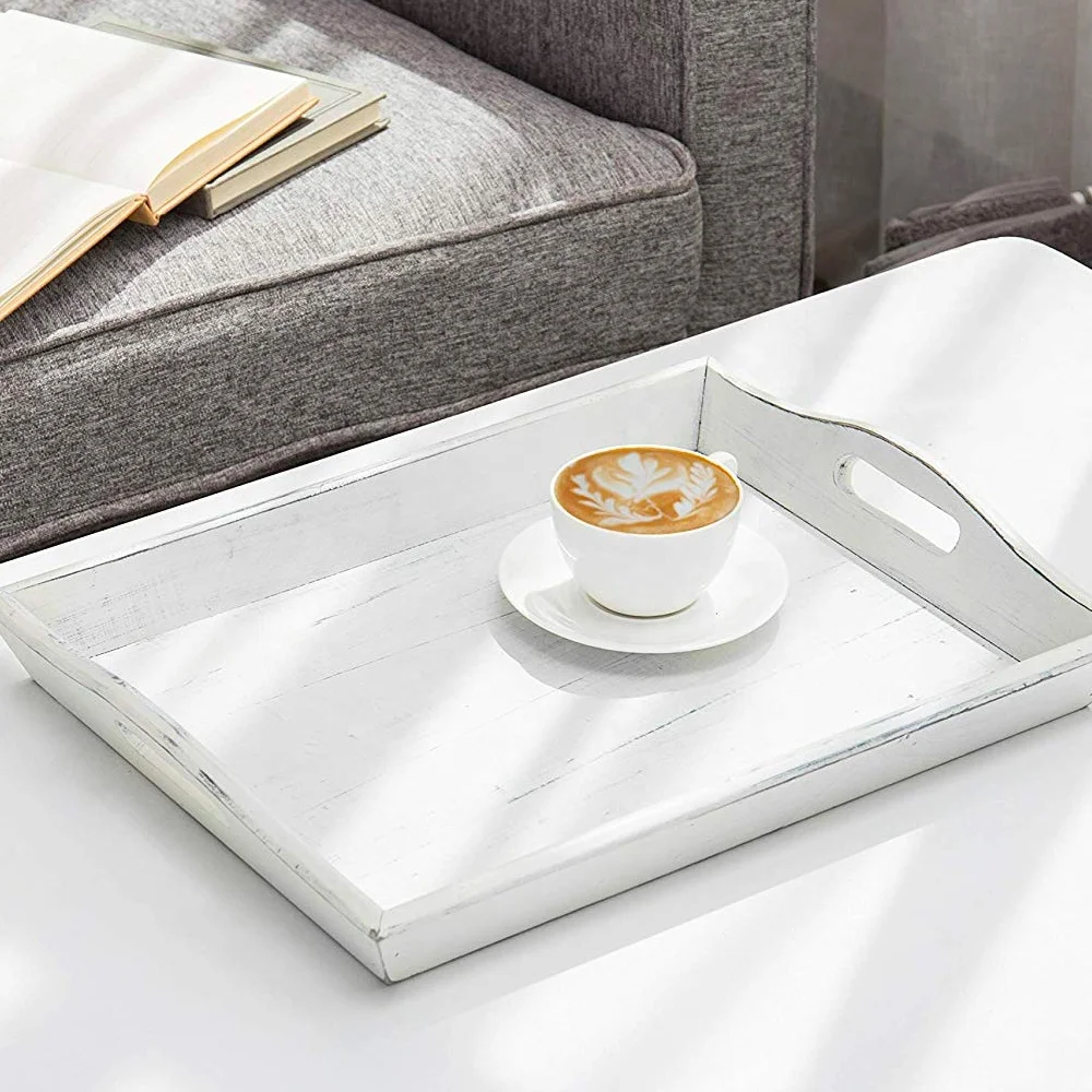 
Ottoman Tray 16-Inch Rustic Wooden Serving Tray With Handles Vintage White (IBEI hotsale product) 