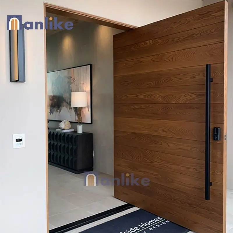 European Luxury House Front Modern Pivot Doors Wooden Entrance Door With Long Handle Modern Villa Main Door