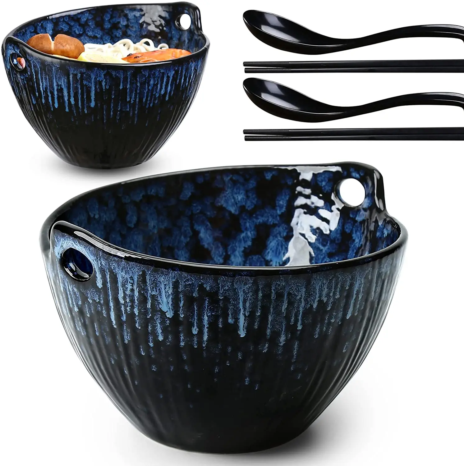 Ramen Bowl Chopsticks Spoons Set 7 Inch Ceramic Noodle Bowl Set 6 Pieces Dishwasher Safe Pho Udon Soba Noodle Salad Pasta