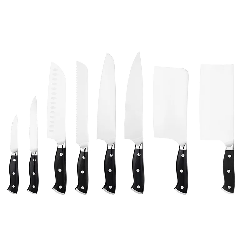 JJ Professional 8-Piece Chef Knife 3Cr13 Stainless Steel Set 430 S/S Blade with ABS Black Handles Kitchen Knife