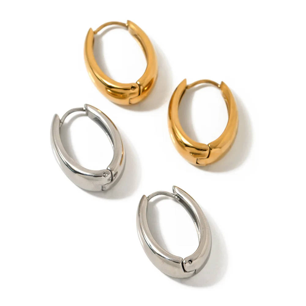 Smooth Stainless Steel Metal Geometric Gold Plated Charm Jewelry Chunky Oval Unusual Buckle Hoop Earrings For Women