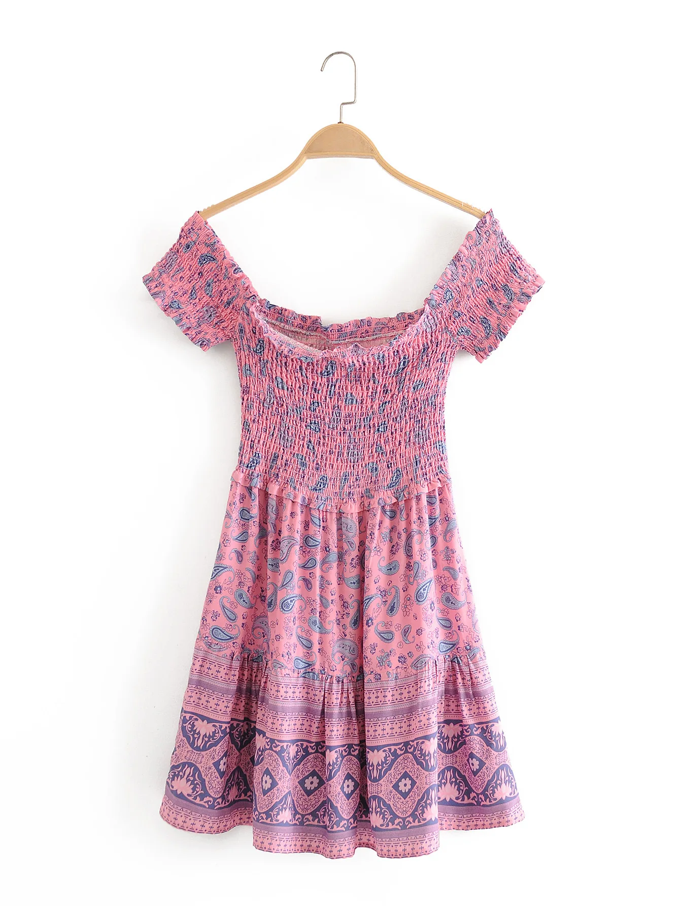 
Summer 2020 New Women Casual Dress Lady Bohemian Holiday Style Floral printed Word Shoulder Slash neck Short Sleeves Short Dress 