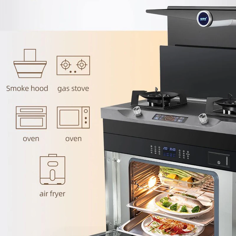 High quality Micro steaming and baking machine with range hood and stove stainless steel 2burners for kitchen
