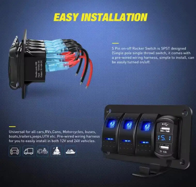 3 Gang Rocker Switch Panel 12V Marine Boat Switch Panel Waterproof 12 Volt Blue LED Light Toggle Switch Panel